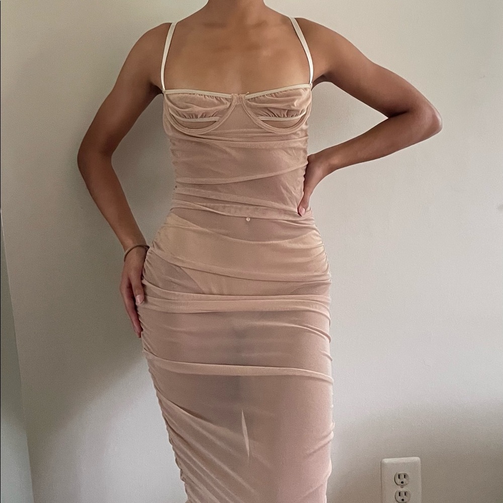 Nude Mesh Ruched Underbust Cut Out Midi Dress